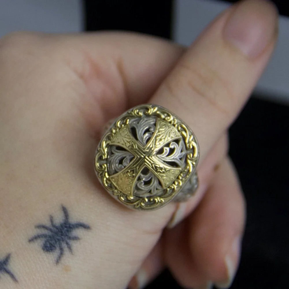 Konstantino Sterling Silver 18k Gold Maltese Cross Filigree Ring Size 12.5